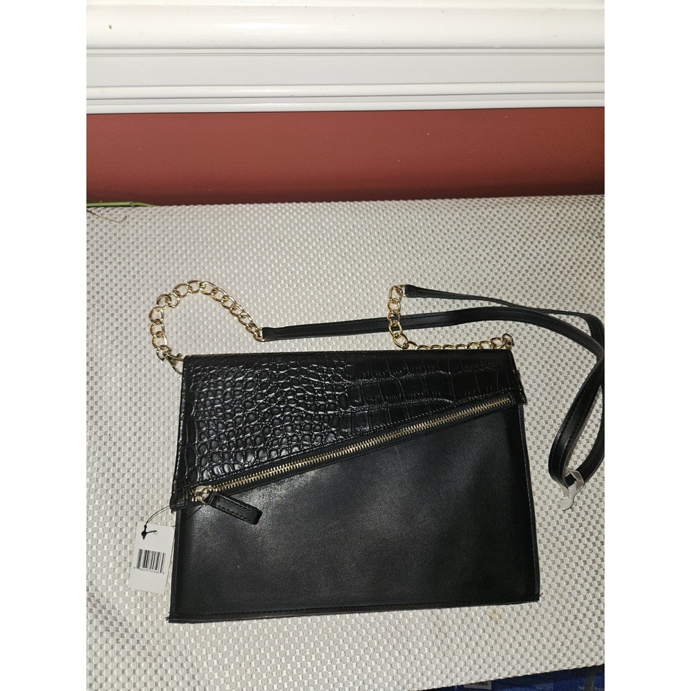 Faux Leather Crocodile Pattern Black Envelope Zip Crossbody Purse Clutch